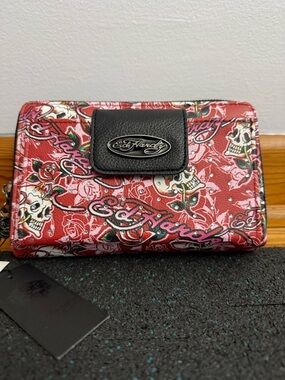 Ed Hardy Skull & Rose Wallet NWT Y2K Rhinestone Zip Around Clutch - Make offer